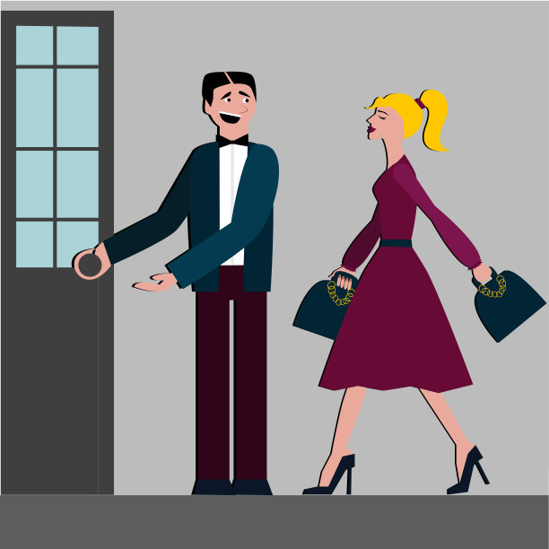 很有礼貌。男人为女人开门。礼仪。礼仪。购物的女人。优雅的服饰与山峦图片下载