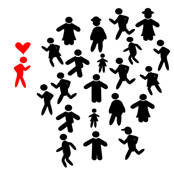 寻找爱情概念，男人带着红心与人站在一起矢量插画图片下载