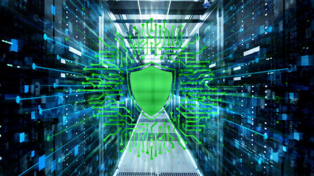 工作数据中心内满是机架服务器和超级计算机的走廊照片，具有高级别安全图标可视化图片下载