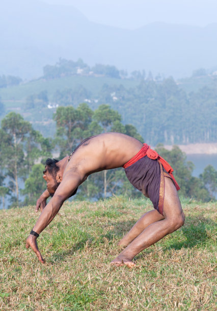 一名印度男子在绿草地上做瑜伽图片下载