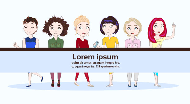 一群年轻的现代女性在时尚服装背景复制空间横幅素材图片