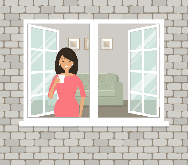 一个穿红衣服的年轻女子正在开着的窗户旁喝咖啡图片下载