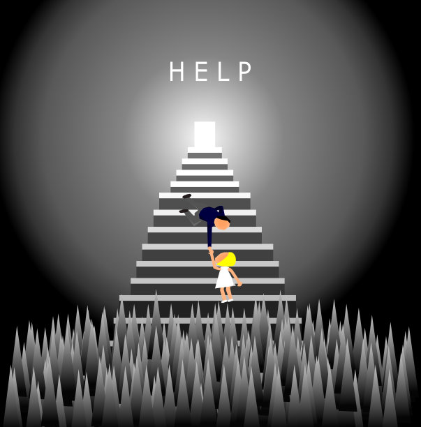 商人帮助工人，男人试图拉一个女人从钉陷阱洞，帮助概念，矢量插图。图片下载