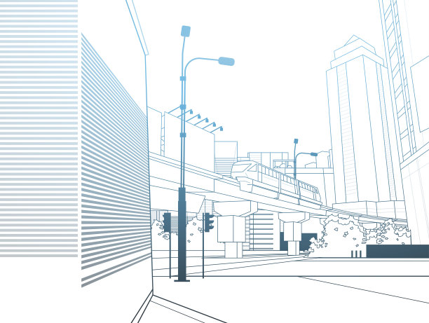 现代城市背景与火车上铁路桥细线设计图片下载