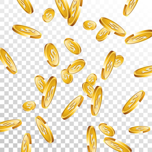 逼真的金币插图上透明的背景。孤立的下落硬币与美元符号。矢量成功概念设计。图片下载