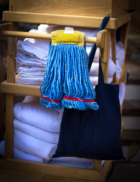 酒店清洁:酒店手推车和干净的毛巾和拖把图片下载