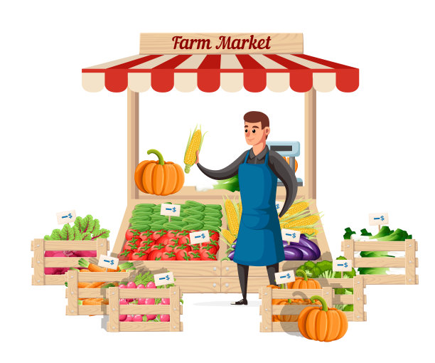 在有机食品农场的柜台卖蔬菜的农民。有蔬菜摊的街头小贩。矢量插图孤立在白色背景。网站页面和手机应用程序设计图片下载