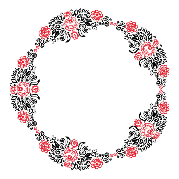 美丽的卡片与不同的花的圆形夏季花环民间艺术花卉装饰复古优雅的婚礼邀请红黑孤立在白色的背景。向量素材图片