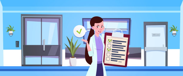 女医生在医院候诊室背景上拿着剪贴板素材图片