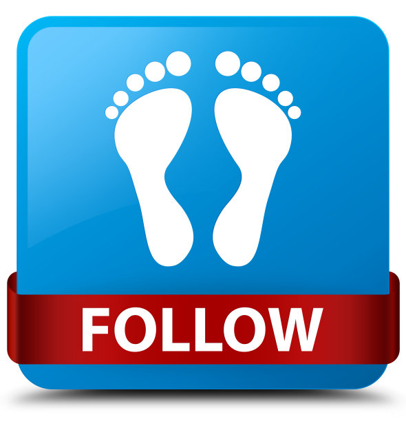 遵循(足迹图标)青蓝方形按钮红色丝带在中间图片下载