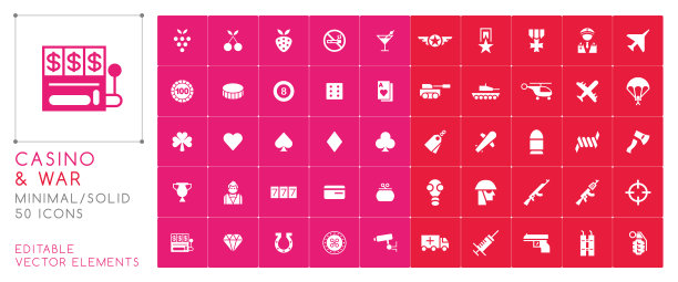 50个通用赌场和战争图标的颜色背景。孤立的元素图片下载