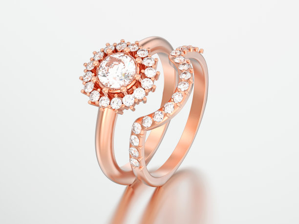 3D插图玫瑰金匹配带设置钻石戒指图片下载