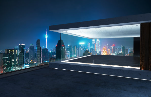 可观城市天际线的空玻璃墙阳台图片下载