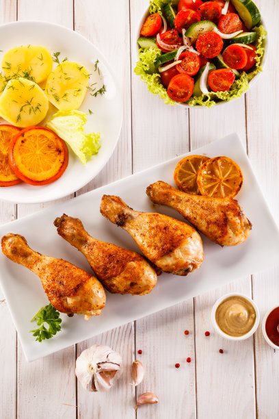 烤鸡腿配蔬菜素材图片