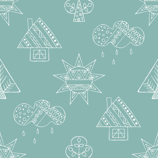 矢量手绘无缝图案，装饰风格化童房、树、太阳、云、雨线条画涂鸦风格，图形插画童趣可爱卡通，手绘图片下载