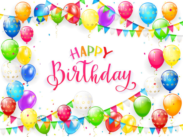 生日快乐，气球和五彩纸屑在白色的背景图片下载