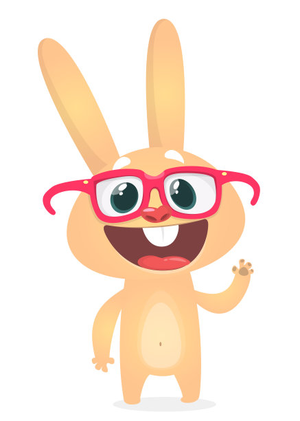 可爱的卡通兔子戴着大眼镜挥手。矢量插图的聪明和傻兔子图片下载