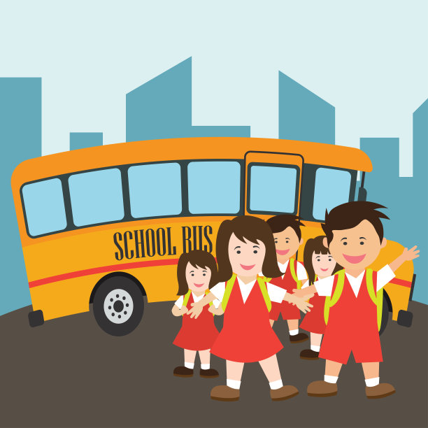 孩子们穿着校服，坐着黄色的校车去上学。矢量图图片下载