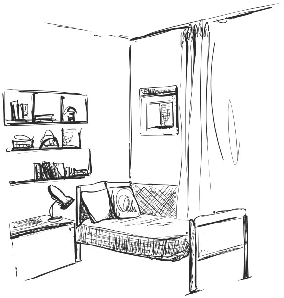儿童房。图形黑白内部草图向量。卧室图片下载