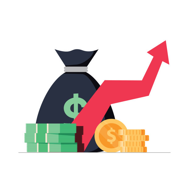 利润或预算矢量插图，平面卡通堆现金和上升图形箭头向上。素材图片