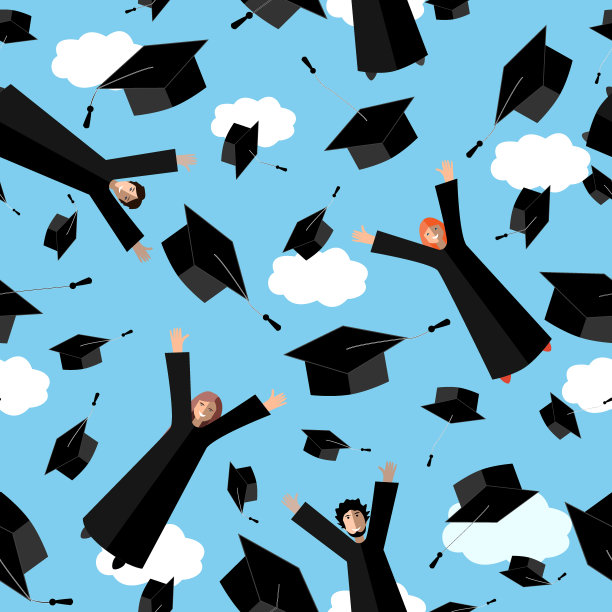 快乐的毕业生戴着毕业帽在空中飞翔。跳远学生和毕业帽。向量无缝模式图片下载