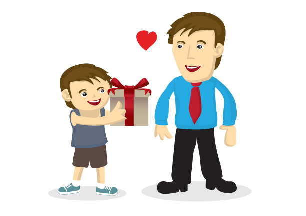 矢量卡通插图一个孩子给他的父亲礼物。图片下载