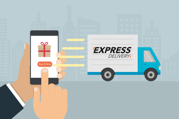 购物和快递理念。手按手机上的“立即购买”按钮和送货卡车发送给买家。图片下载