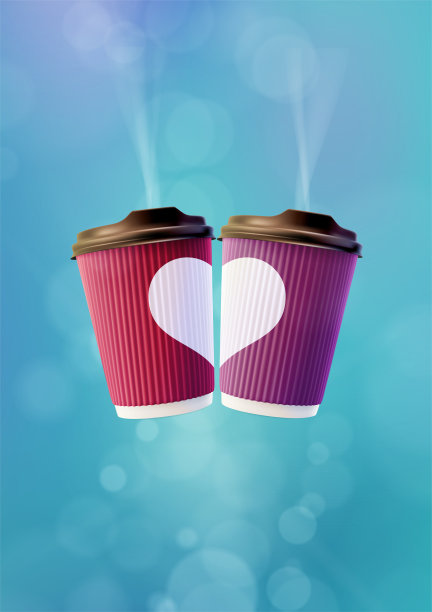 咖啡爱海报模板。粉红色和紫色波纹杯与白色的心在蓝天的背景图片下载