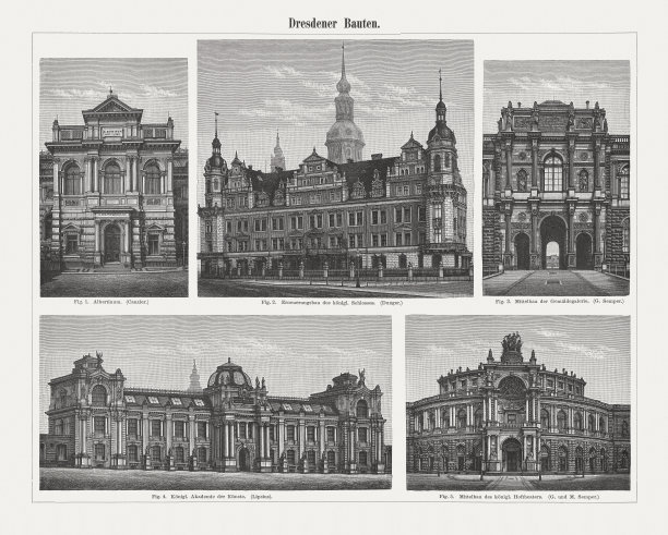 德国德累斯顿的代表性历史建筑，木刻，1897年出版图片下载