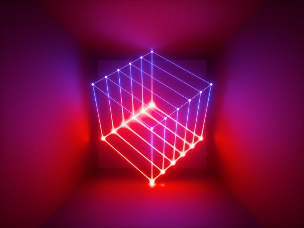 3D渲染，发光的线条，霓虹灯，抽象迷幻背景，立方体笼，红外线，光谱鲜艳的色彩，激光表演素材图片