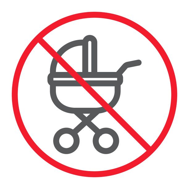 无婴儿车线图标，禁止和禁止，无婴儿车标志矢量图形，白色背景上的线性图案，eps 10。图片下载