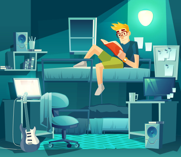 矢量宿舍晚上房间。学生内部图片下载