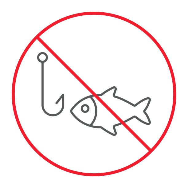 无钓鱼线图标，禁止和禁止，无鱼标志矢量图形，白色背景上的线性图案，eps 10。图片下载