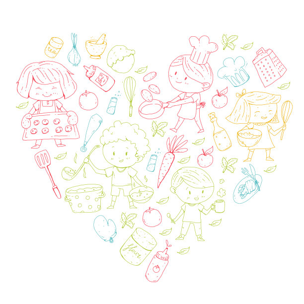 儿童菜单，儿童咖啡馆，餐厅。幼儿园和学龄前儿童，中小学男生女生。健康食品饮料。烘焙、水果、蔬菜。烹饪课程。图片下载