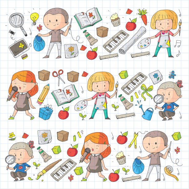 的孩子。学校和幼儿园。创造力和教育。音乐。探索。科学。的想象力。玩和学习。烹饪。唱歌。阅读。不同的爱好和课程。矢量图图片下载