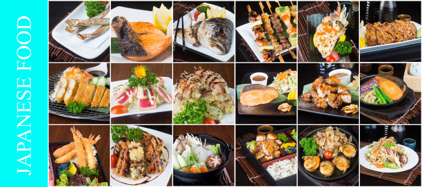 以日式食物拼贴为背景。图片下载