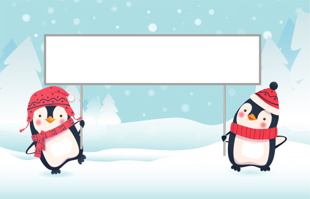 企鹅卡通矢量插图。两只企鹅举着旗帜图片下载