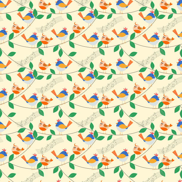 无缝图案向量生动可爱的小鸟正在树枝上唱歌。图片下载
