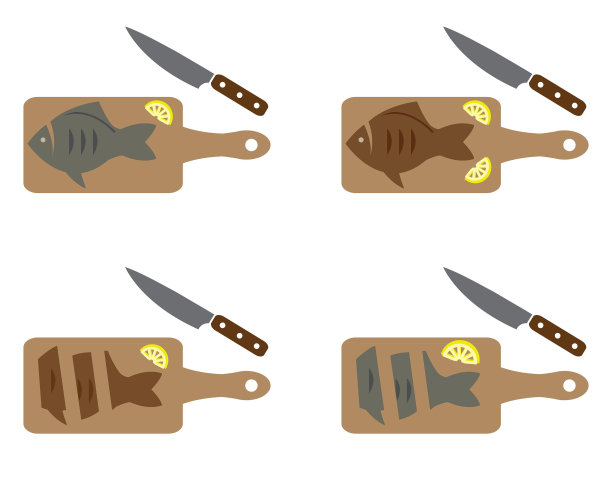 鱼在砧板上用刀和柠檬矢量图标设置颜色图片下载