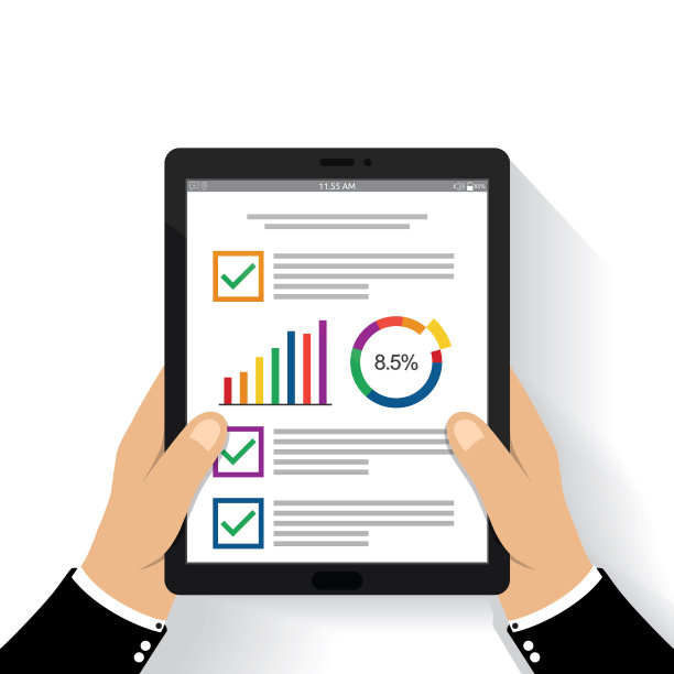 手拿着平板电脑。商人用图表阅读财务分析报告。业务概念的平面设计。图片下载