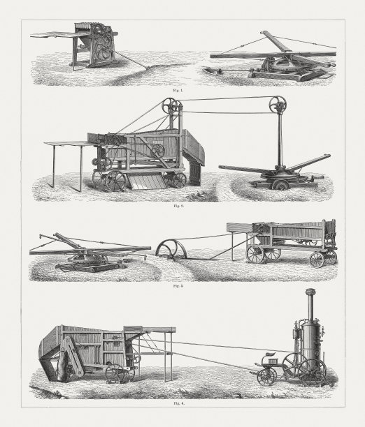 历史悠久的脱粒机械，木刻，出版于1897年图片下载