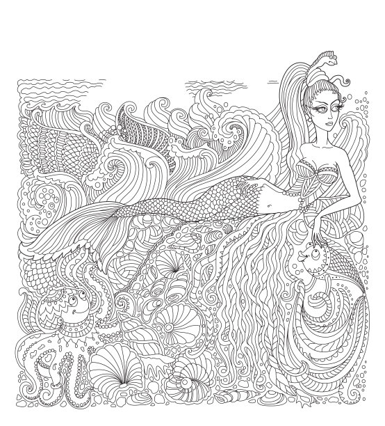 矢量航海蜡染漆轮廓细线。美人鱼，岛屿，珍珠，鱼，海贝壳，章鱼。黑白抽象画。手绘草图。成人涂色书垂直页图片下载