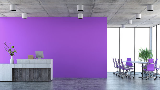 现代室内配备会议桌椅和收银台素材图片