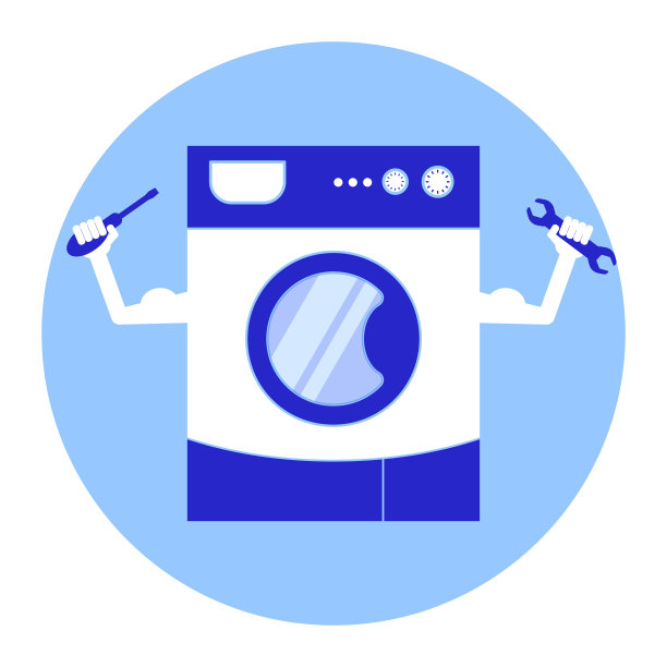修理洗衣机服务。带有手臂和修理工具的程式化洗衣机。股票向量。平面设计。图片下载