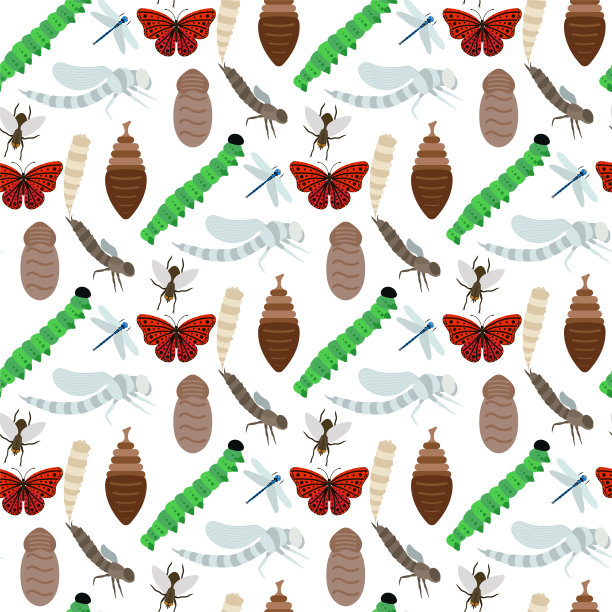 五彩缤纷的蝴蝶以抽象的无缝装饰图案为背景，呈现出蝴蝶的剪影和美丽自然的春虫装饰矢量插图图片下载