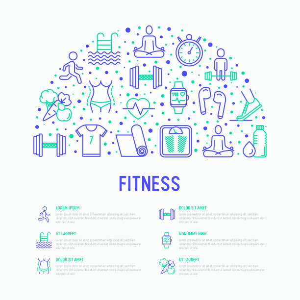 健身概念半圆与细线的图标有跑步、哑铃、腰部、健康食品、游泳池、脉搏、无线耳机、运动服、瑜伽。现代矢量插图的网页。图片下载