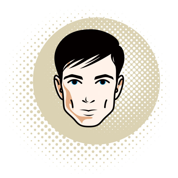 英俊的深色男性脸的矢量插图，正面的面部特征，剪贴画。图片下载