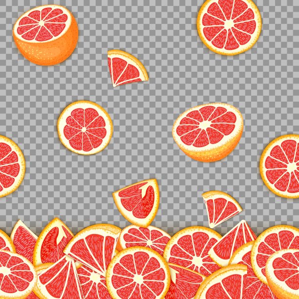 热带背景下的红色柚子果实。矢量卡插图。柚子载体无缝图案柑橘类水果，适用于早餐、排毒、化妆品膏霜、果酱、果汁的食品包装设计图片下载