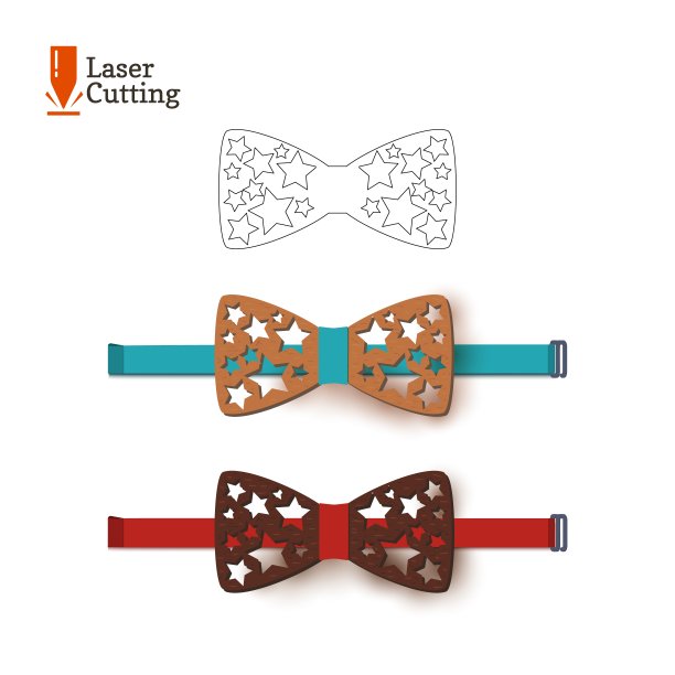 激光切割蝴蝶结模板。矢量剪影切割领结与星星在车床制成的木材，金属，塑料。时尚配饰的设计理念。图片下载