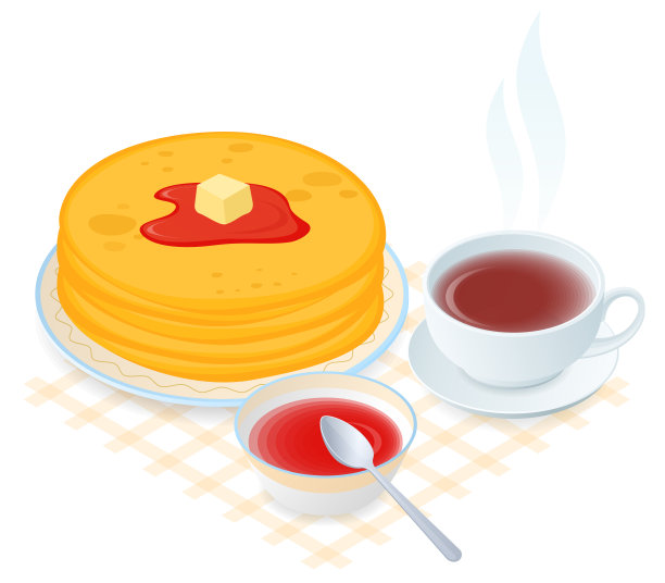 平面等距图的盘子与节日煎饼，果酱，茶杯。图片下载